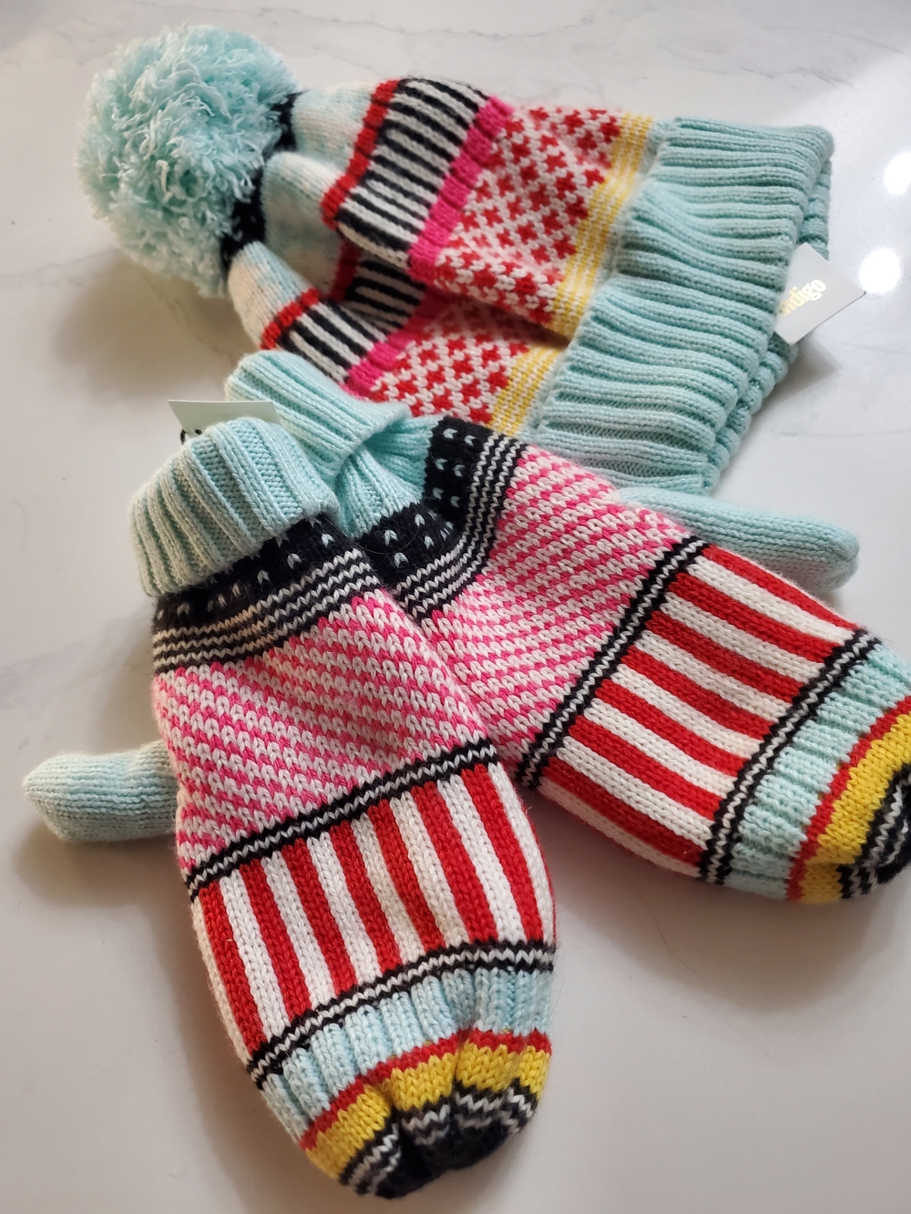 Indigo Pom Pom Beanie and Mittens Set - NEW